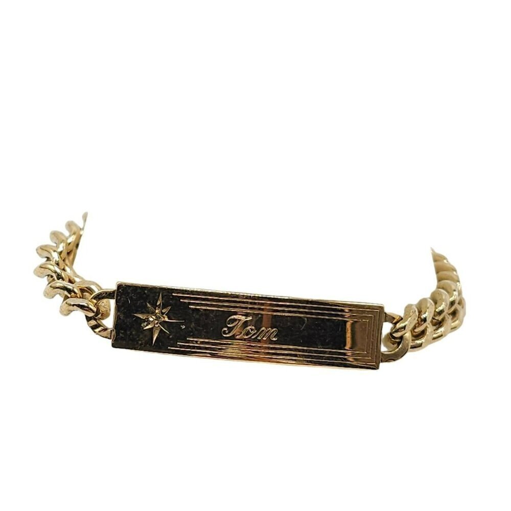 Speidel Diamond Engraved TOM Bar Chain Bangle Bracelet Gold Tone Vintage